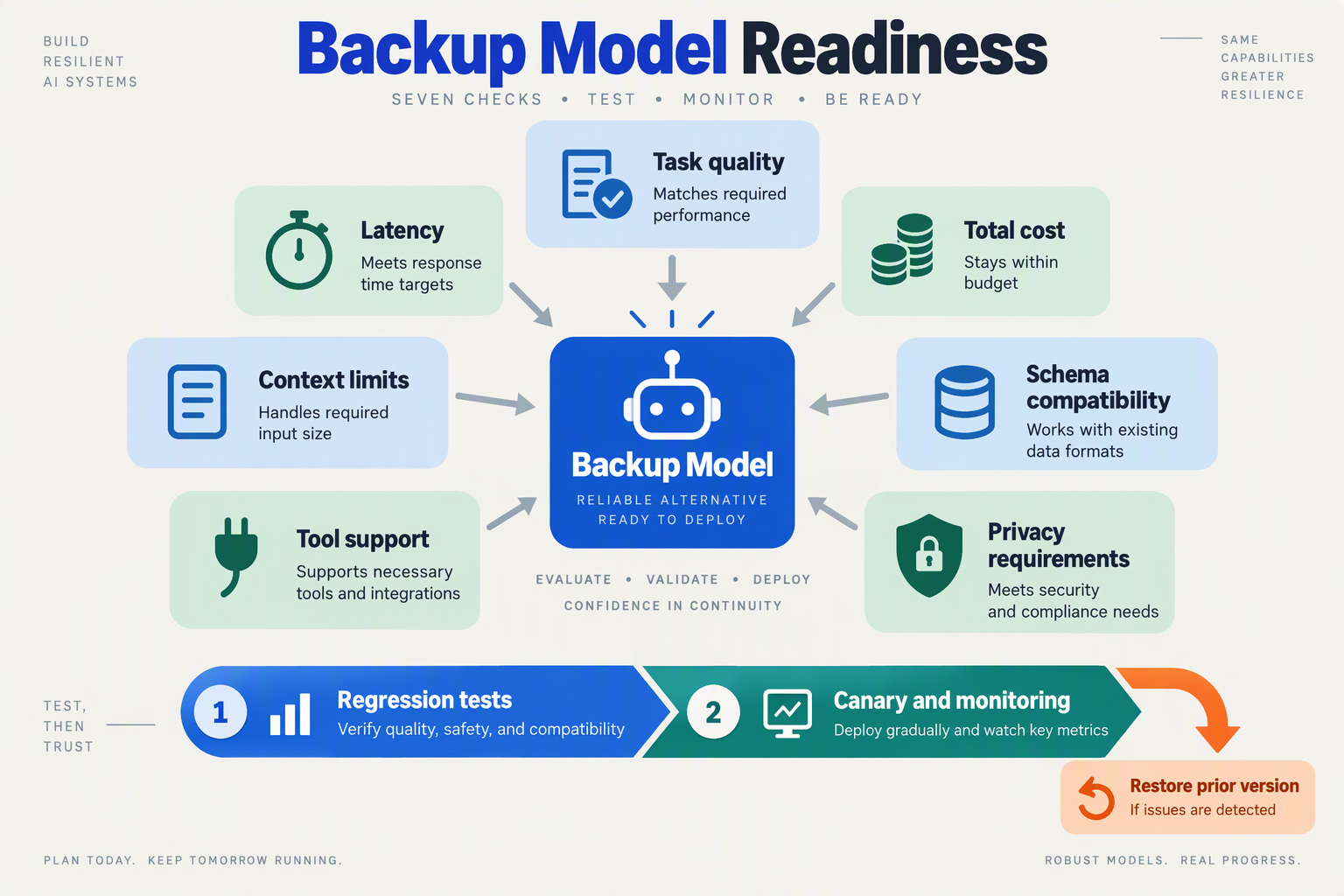 Create a comparison infographic titled Backup Model Readiness with a central backup-model card surrounded by seven clearly