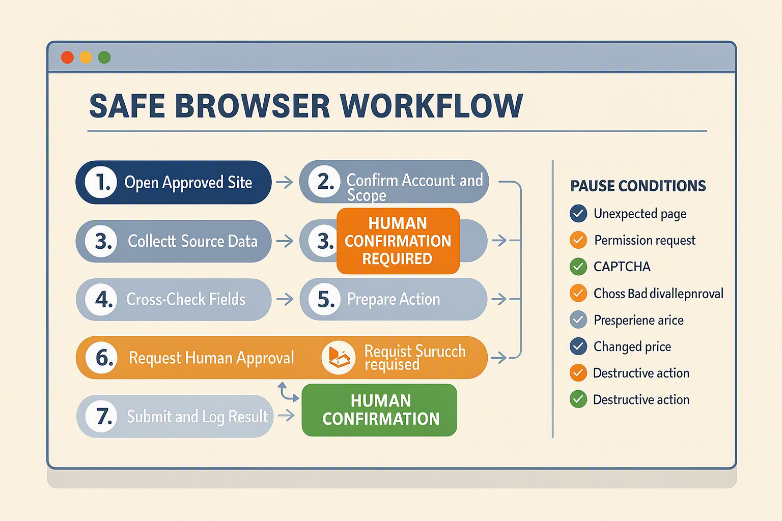 A browser-automation process diagram titled SAFE BROWSER WORKFLOW displayed inside a stylized desktop browser frame