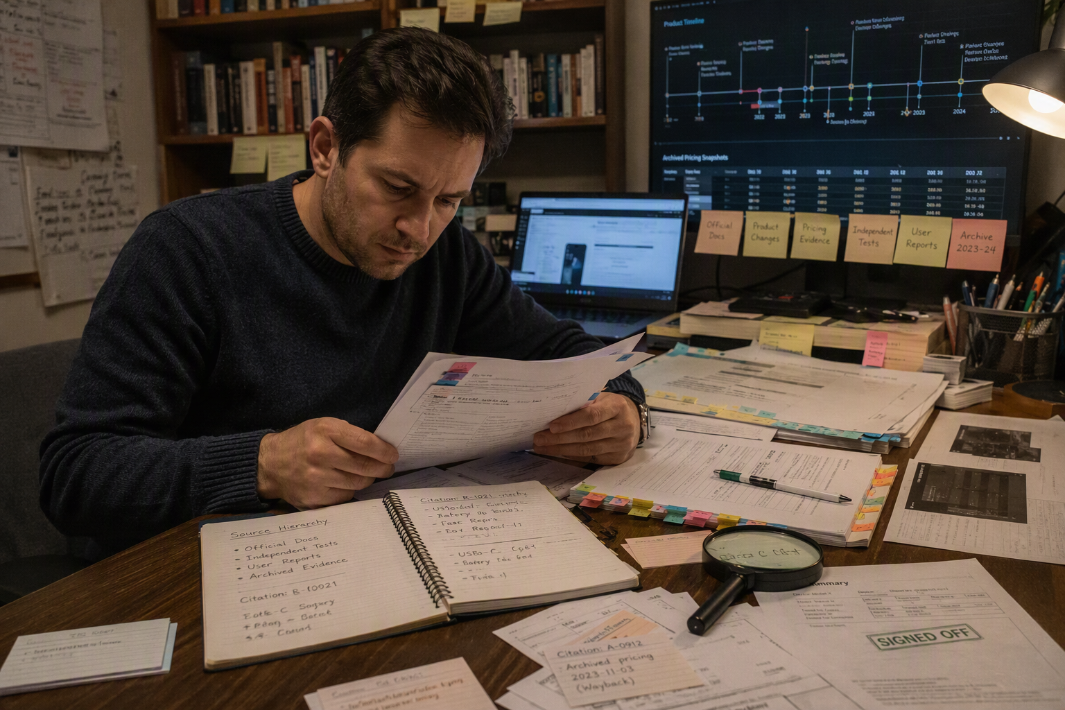 An editorial verification-desk scene in a quiet research library, with an analyst comparing official product documentation,