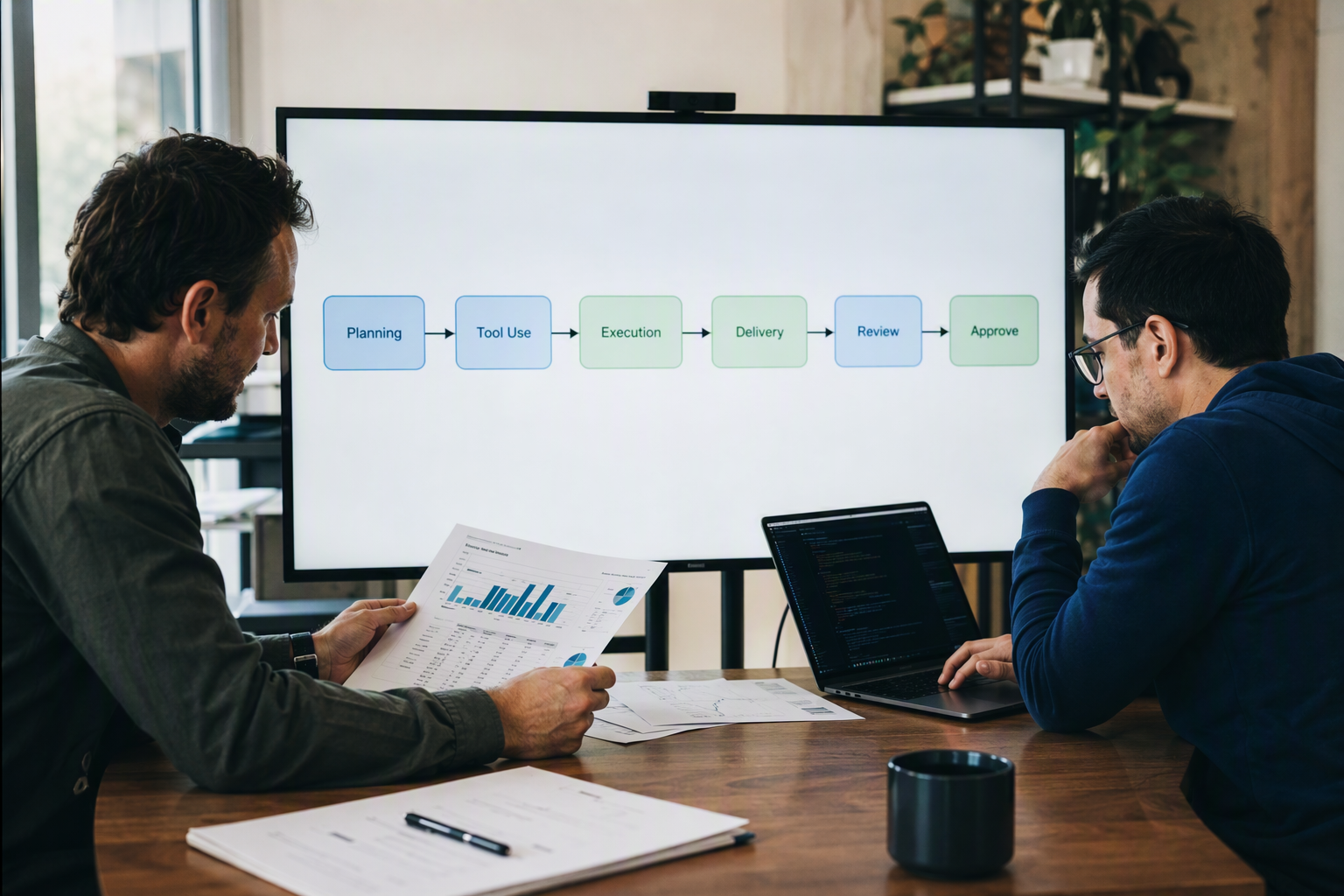 A split workplace scene showing Manus AI as a general autonomous worker rather than a simple chat window: on the left, a