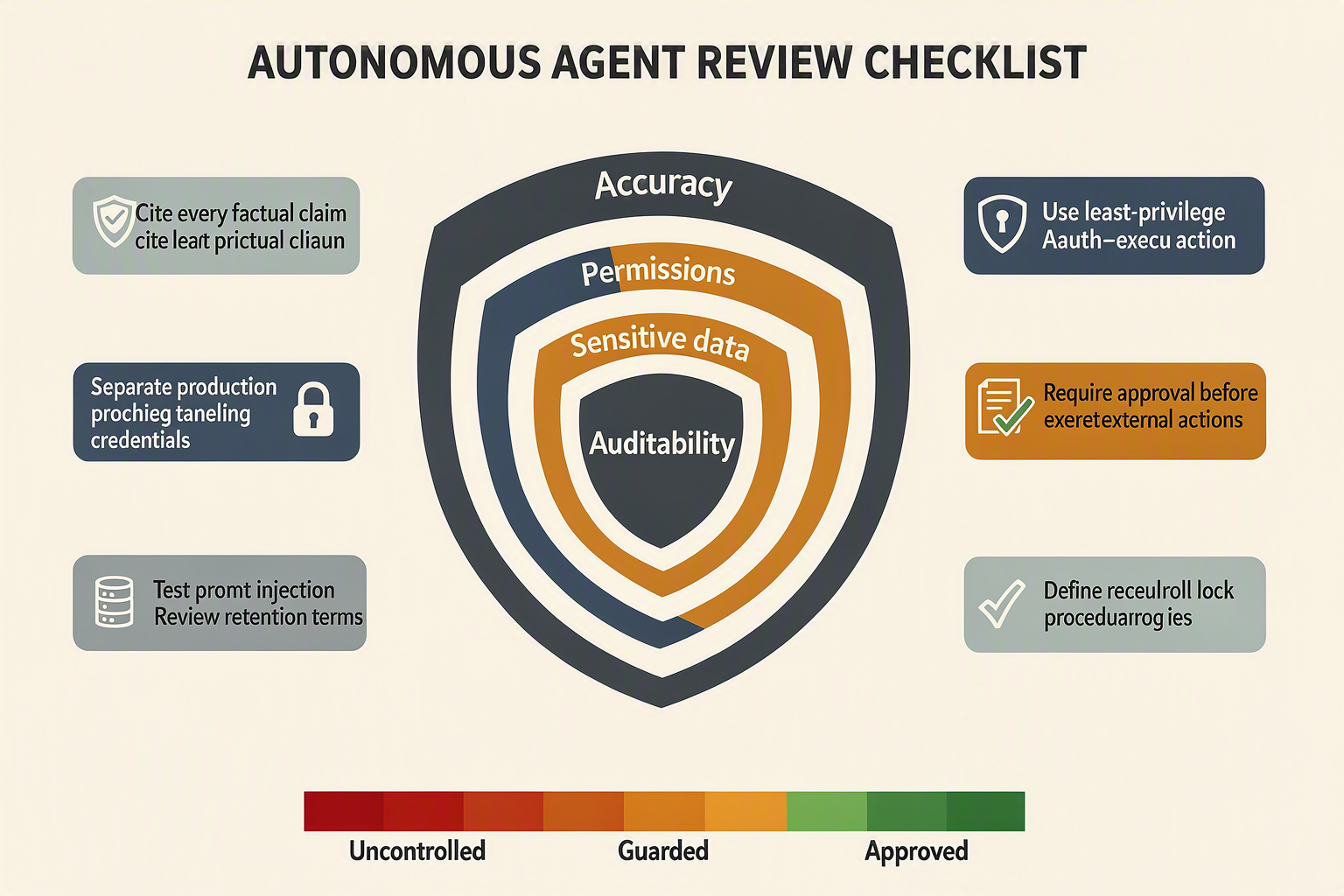 A layered risk-control infographic titled AUTONOMOUS AGENT REVIEW CHECKLIST arranged as five concentric shields