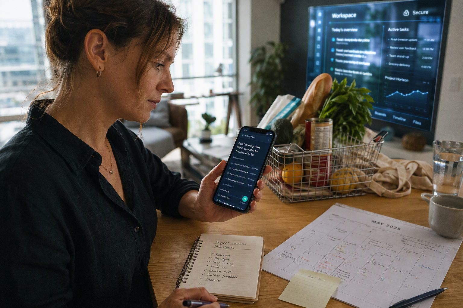 A same-day technology news scene set in a bright contemporary apartment, where an adult reviews an AI-generated daily plan