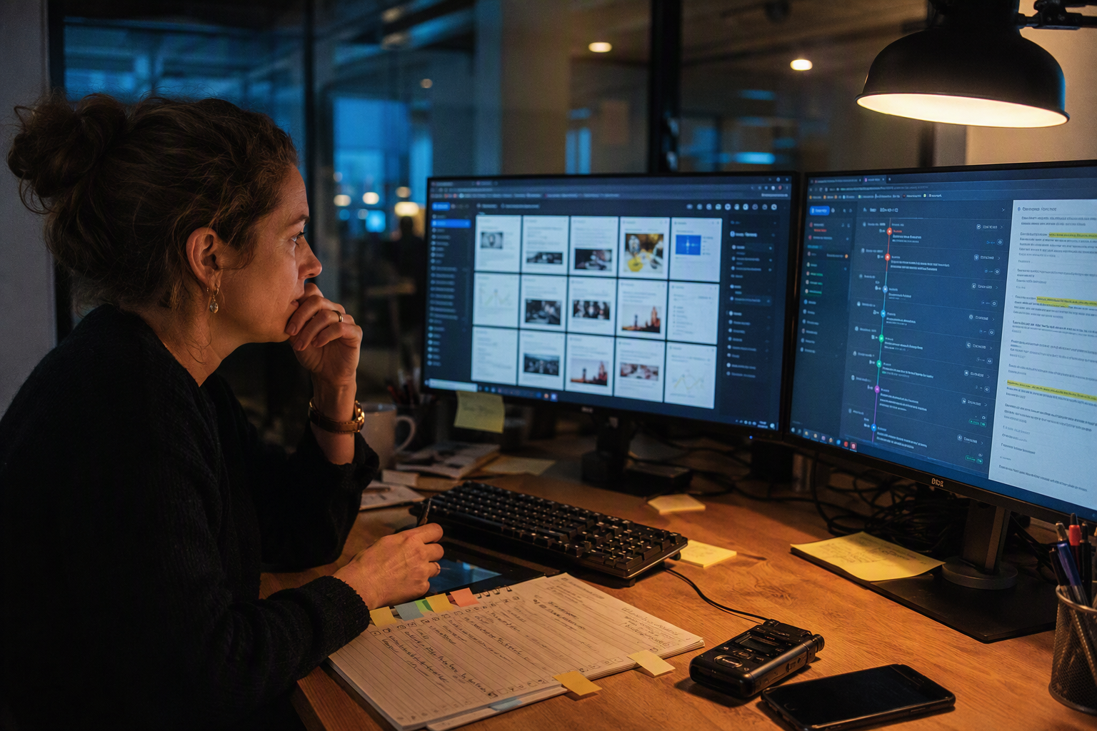 An editorial verification desk at dusk with a journalist comparing multiple same-day reports on two large monitors, a