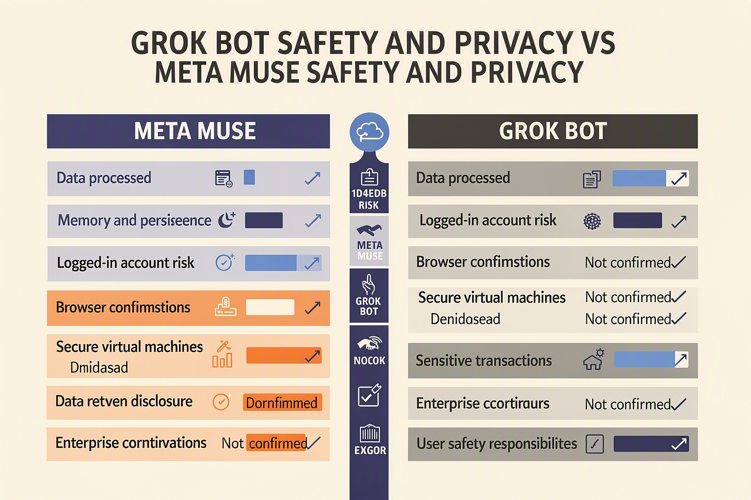 Create a security-focused head-to-head matrix titled GROK BOT SAFETY AND PRIVACY VS META MUSE SAFETY AND PRIVACY