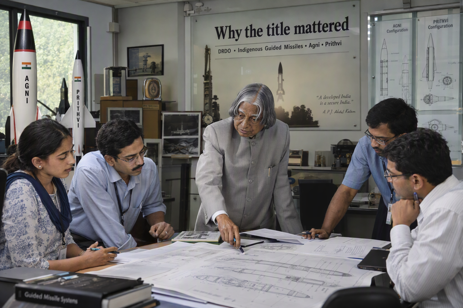 A respectful scene inside an Indian defence research lab showing a senior scientist inspired by Dr