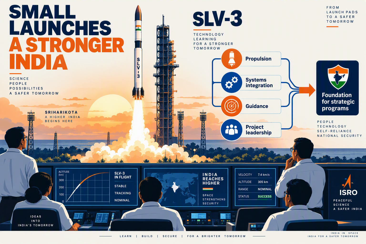 A dramatic launch-pad scene at Sriharikota-inspired space centre with an early Indian satellite launch vehicle rising