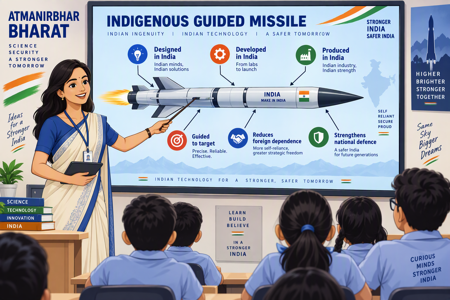 An educational classroom-style infographic scene showing a teacher pointing to a clean digital board explaining indigenous