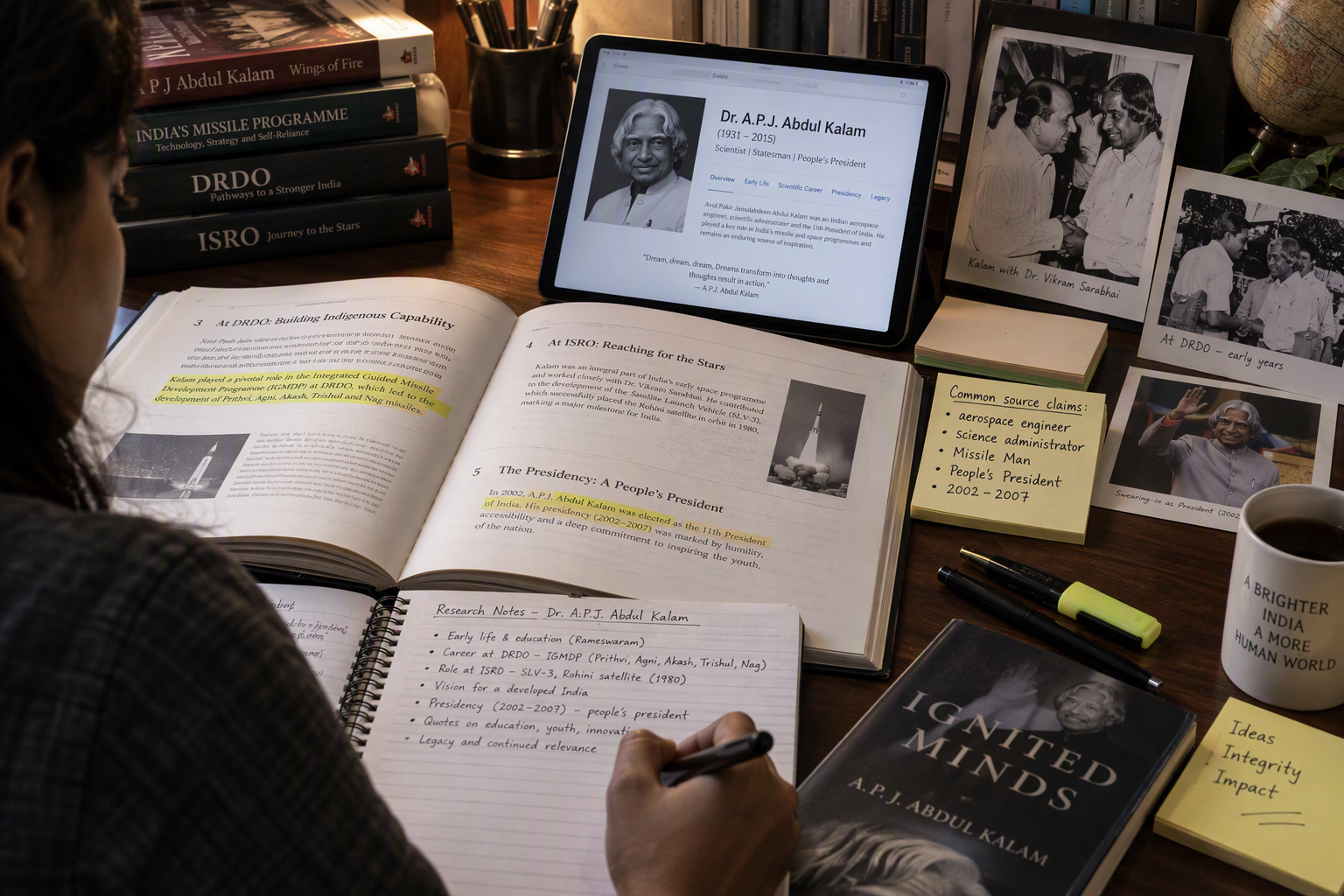 A research desk scene showing open reference books, a tablet displaying an official-looking profile page, printed biography