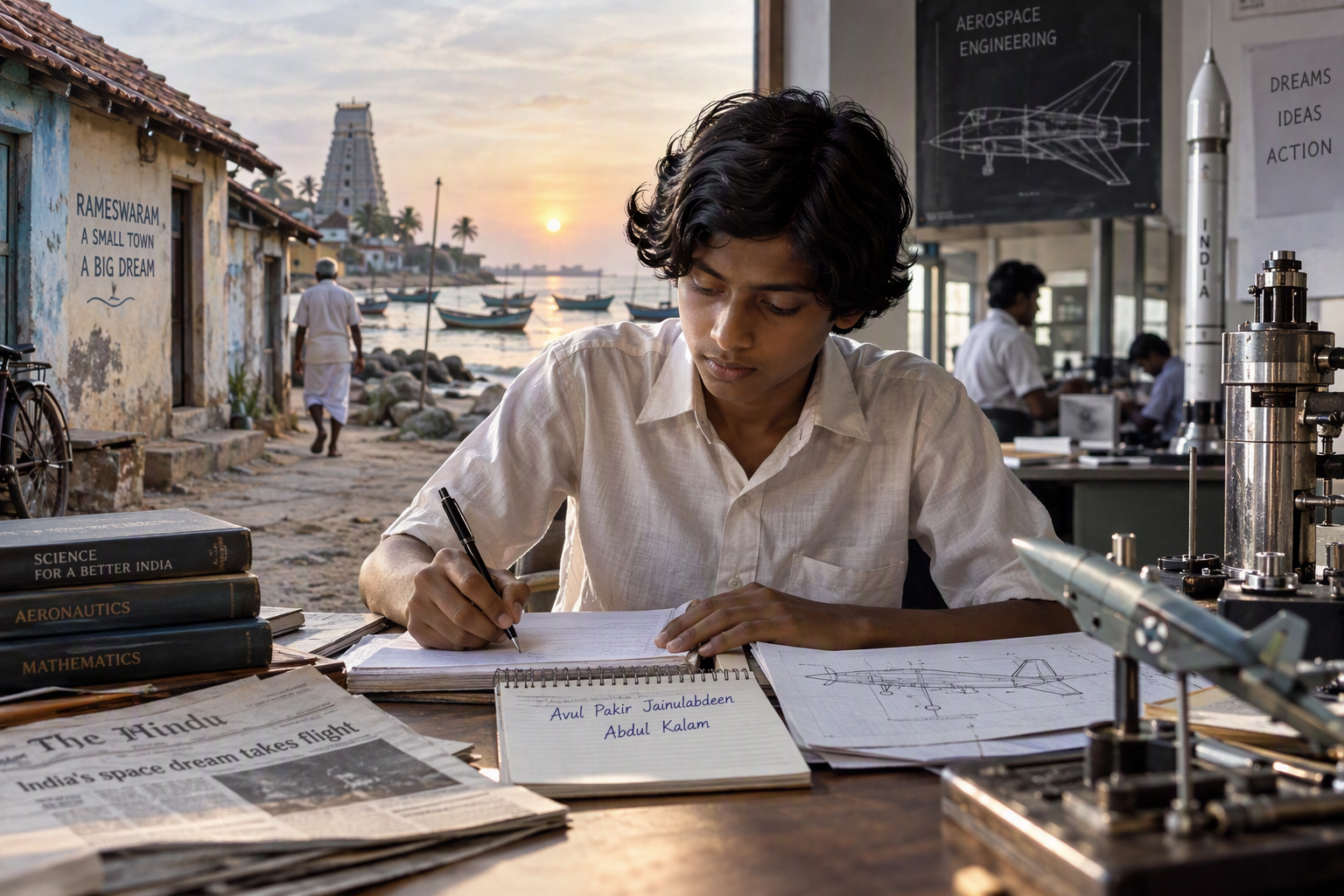 A narrative split-scene composition showing young Abdul Kalam’s early life in Rameswaram on one side with a quiet coastal