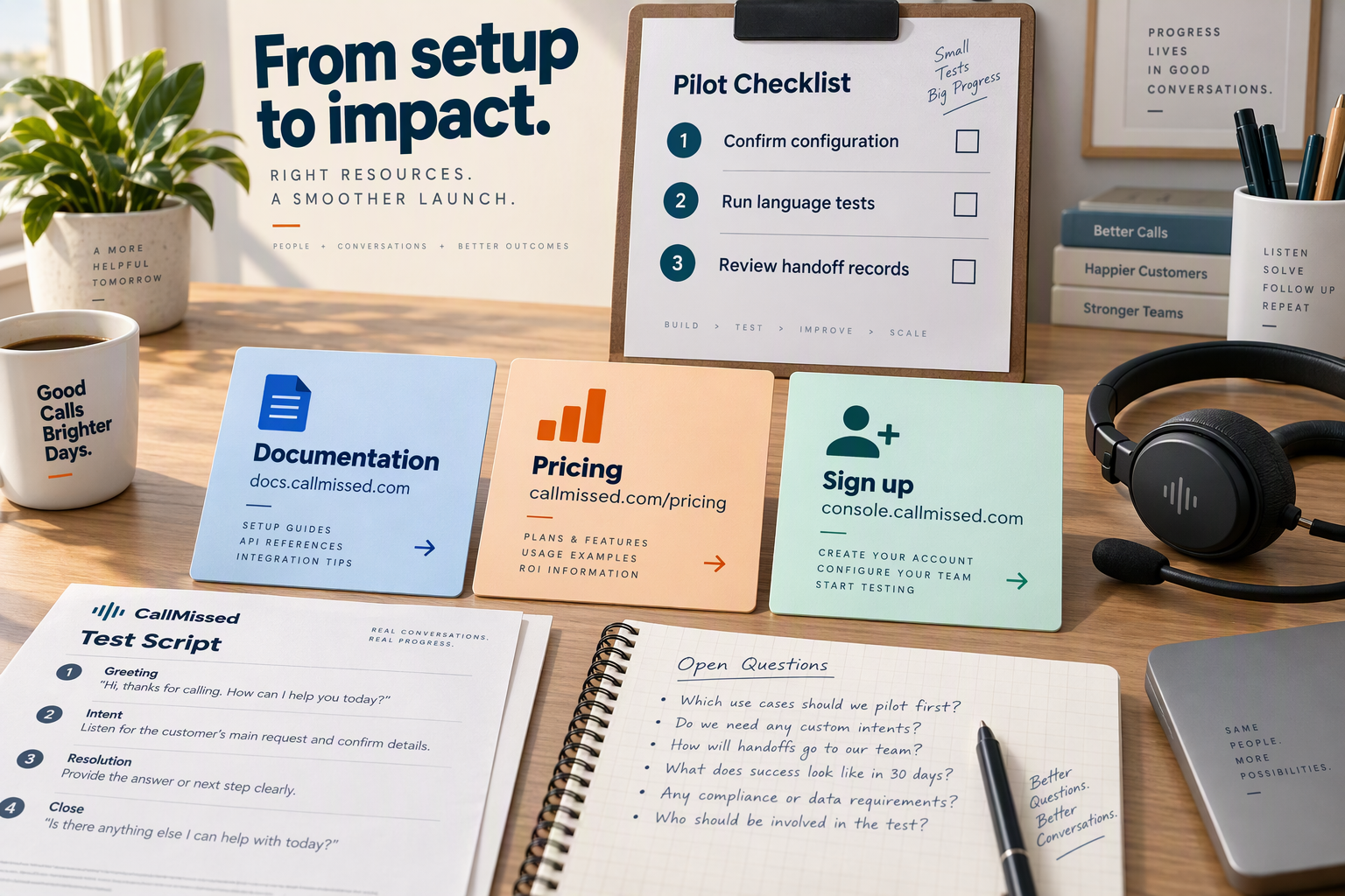 Depict the next steps as three resource cards laid across a tidy operations desk, beside a headset, a printed test script