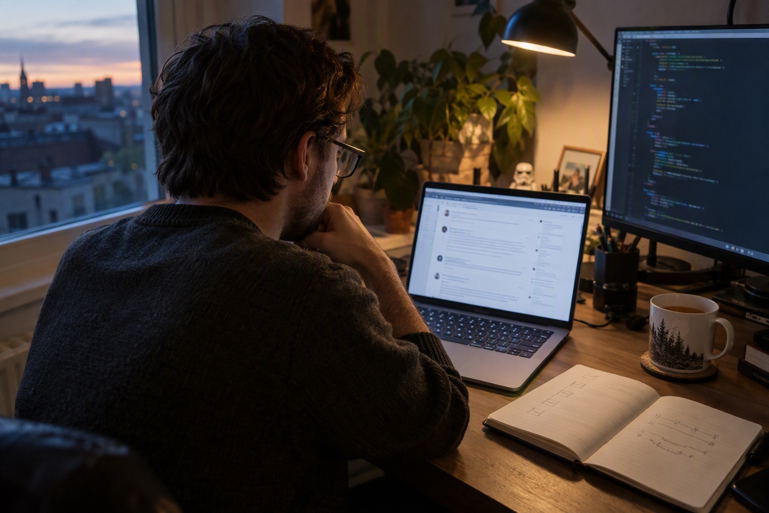 Show a developer reviewing a community discussion on a laptop in a modest workspace, with a Mac M4, a handwritten notebook,