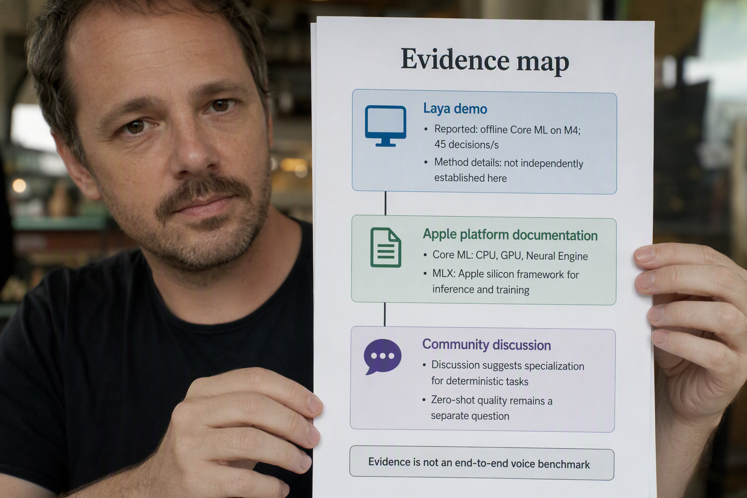 Build an evidence-map infographic with three stacked horizontal cards headed Laya demo, Apple platform documentation, and