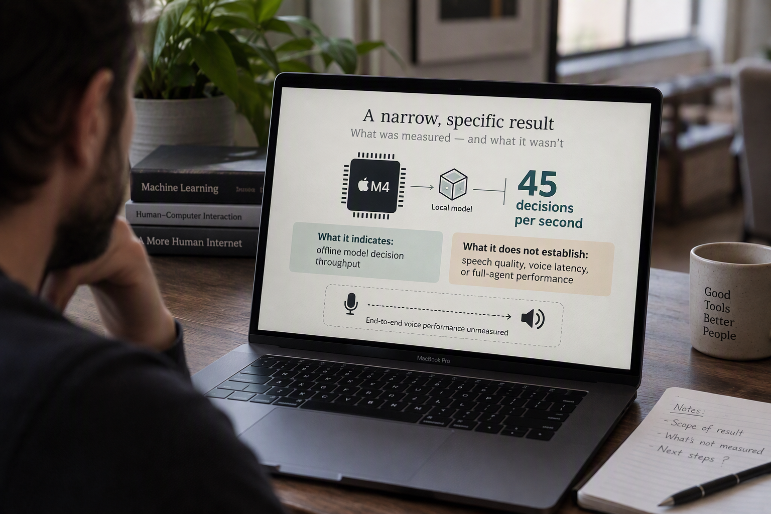 Create a crisp explanatory infographic with a central Mac M4 chip connected to a small local model icon