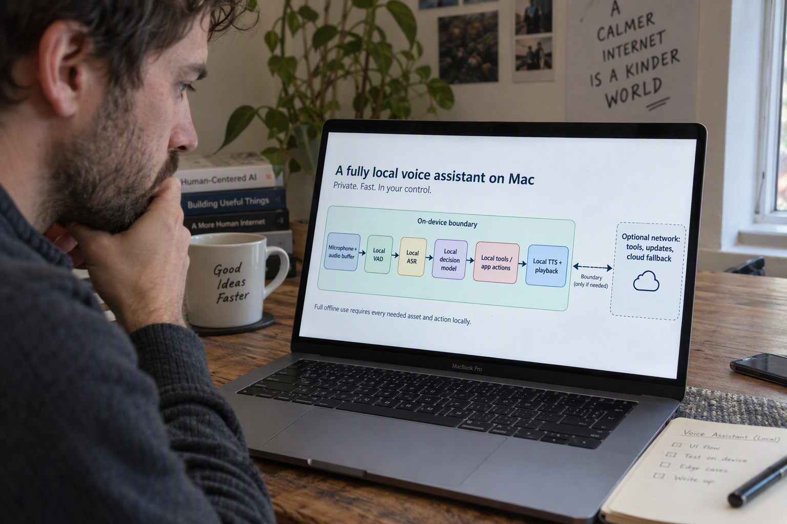 Create a left-to-right architecture infographic showing an entirely local voice assistant running on a Mac