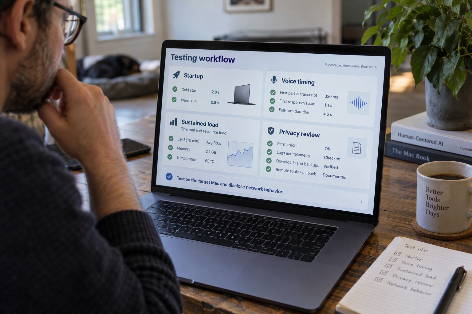 Create a detailed testing-workflow infographic arranged as a dashboard with four distinct panels