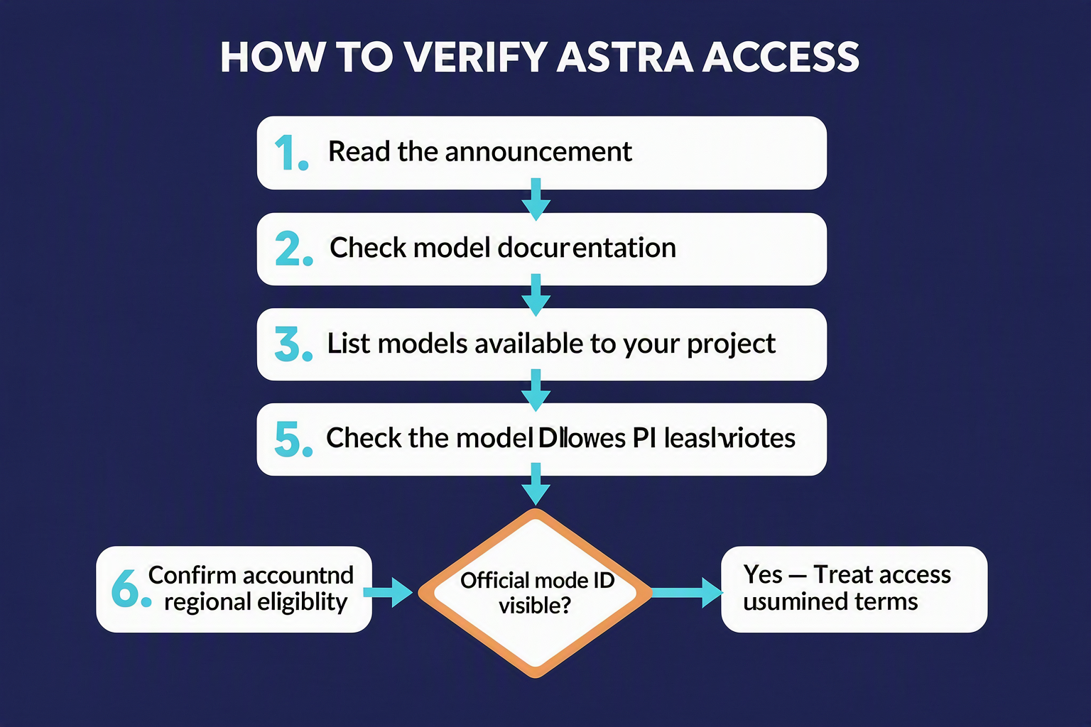 Build a six-step verification flowchart titled HOW TO VERIFY ASTRA ACCESS