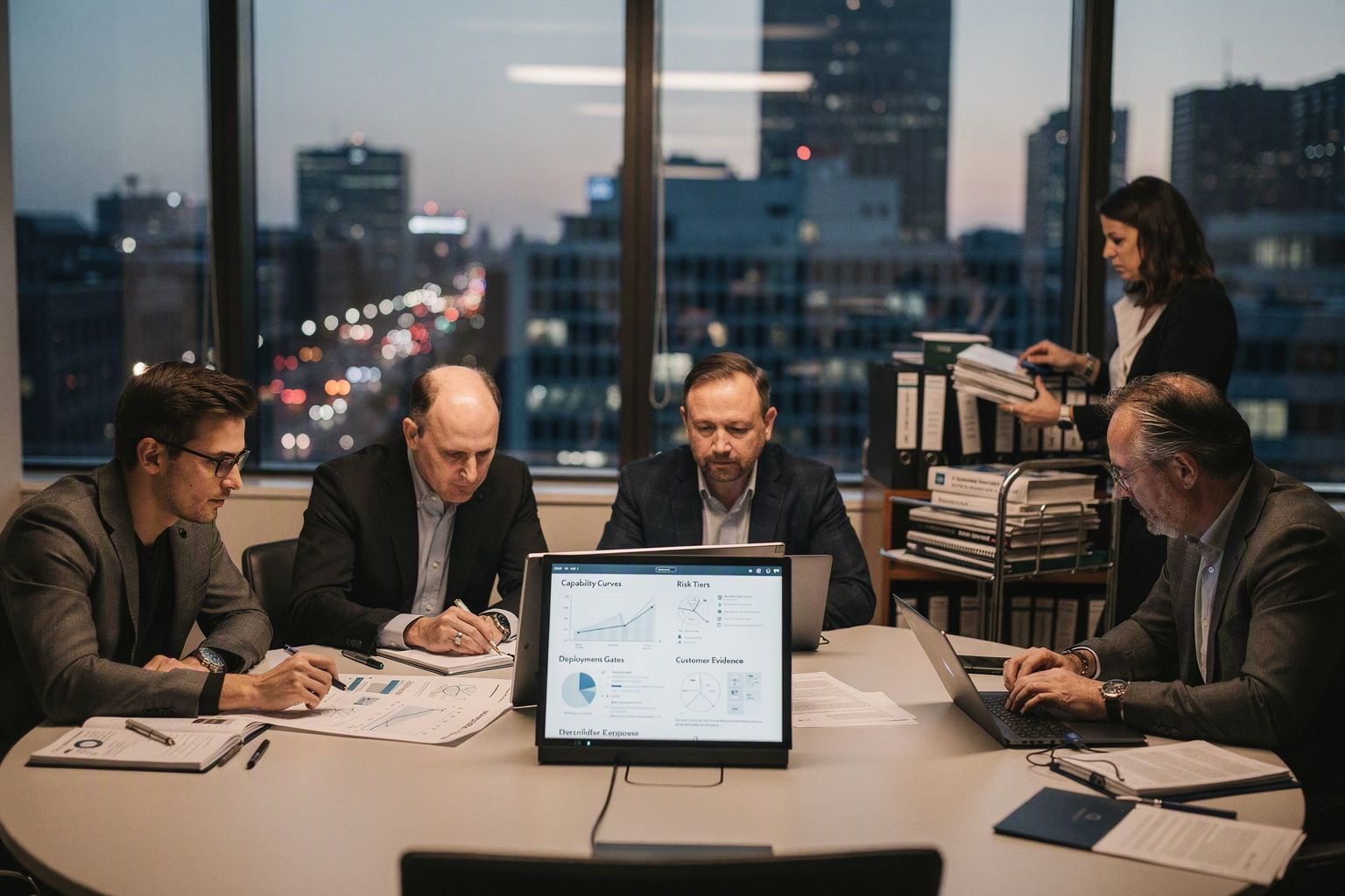 Depict a formal roundtable in a modern research institute where an AI scientist, cybersecurity specialist, enterprise