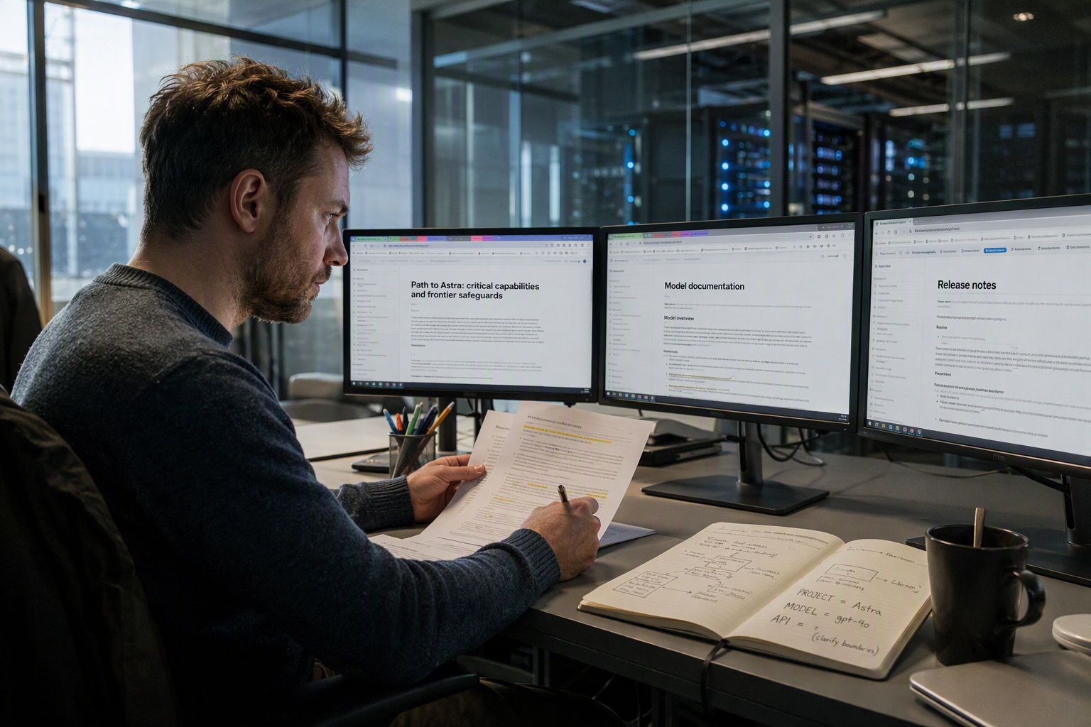 Show an AI product editor at a broad desk comparing several official OpenAI webpages on separate monitors, with one page