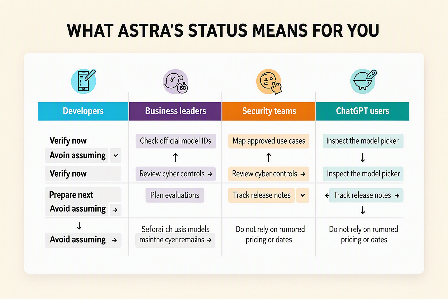 Design a four-column action table titled WHAT ASTRA’S STATUS MEANS FOR YOU
