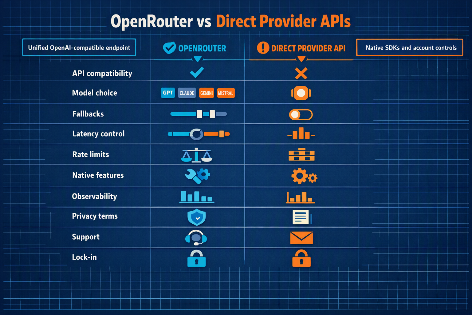 Build a detailed side-by-side feature comparison infographic titled OpenRouter vs Direct Provider APIs