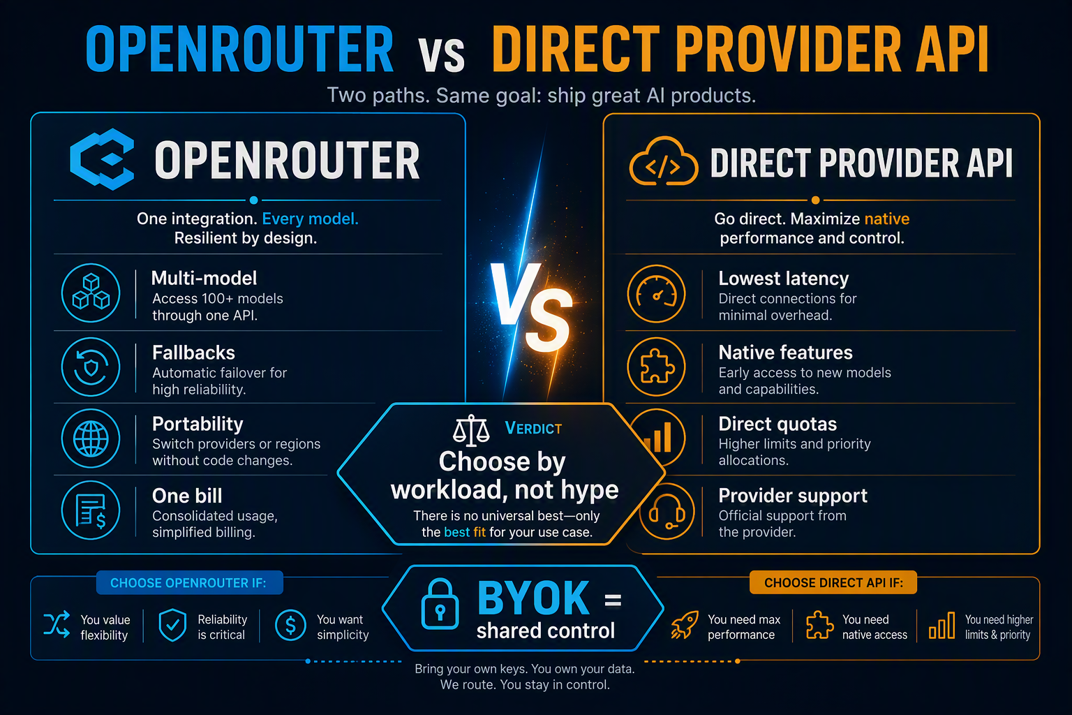 Design a clean editorial decision infographic with two large side-by-side cards labeled OPENROUTER and DIRECT PROVIDER API,