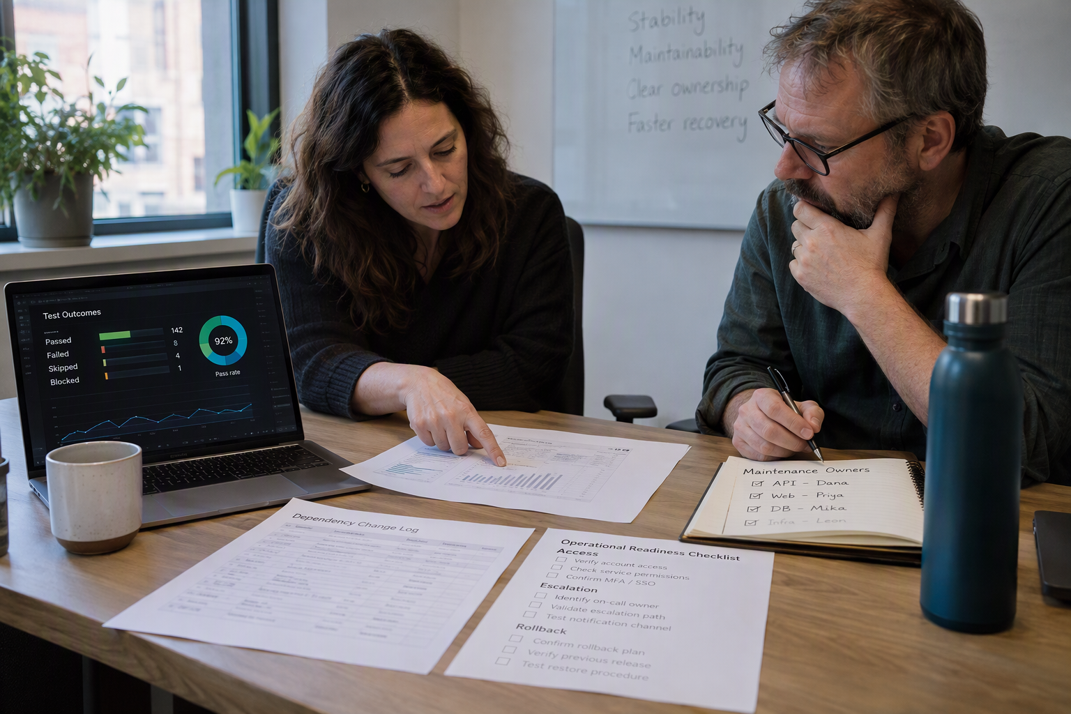 Show a research author and an experienced operations manager in a quiet meeting room reviewing an evaluation report together