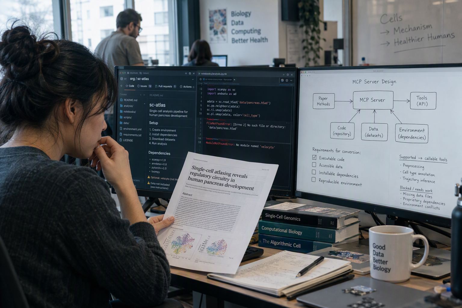 Show an editorial scene in a university computational biology workspace: an analyst examines a research paper beside a code