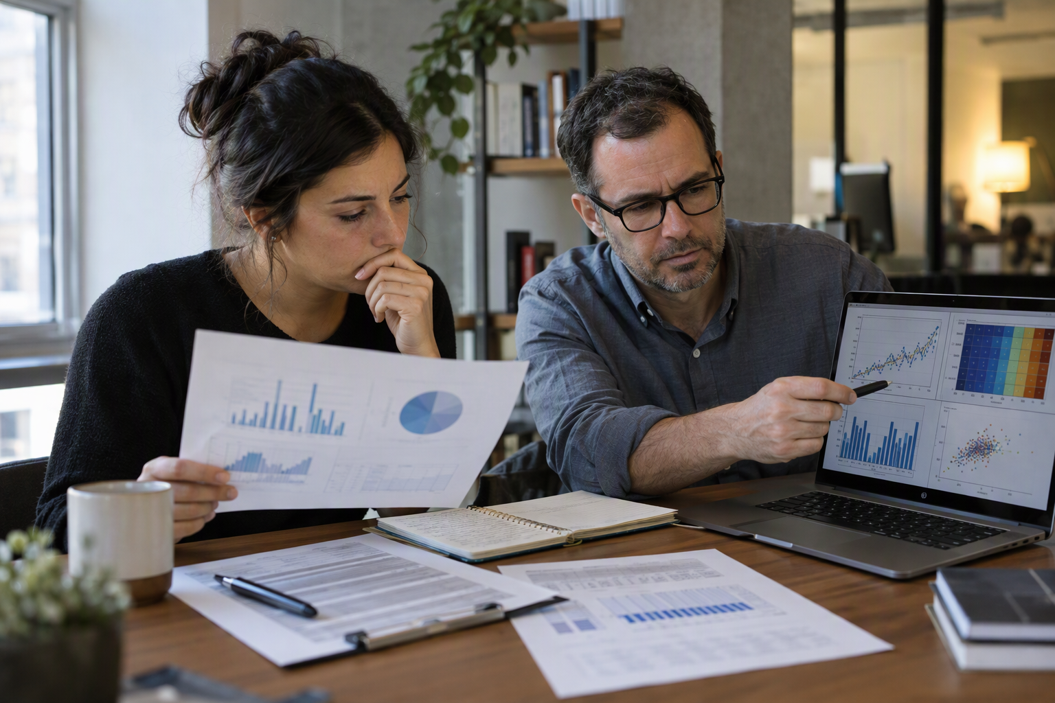 Depict an operations team conducting a careful workflow review in a secure, modern control room