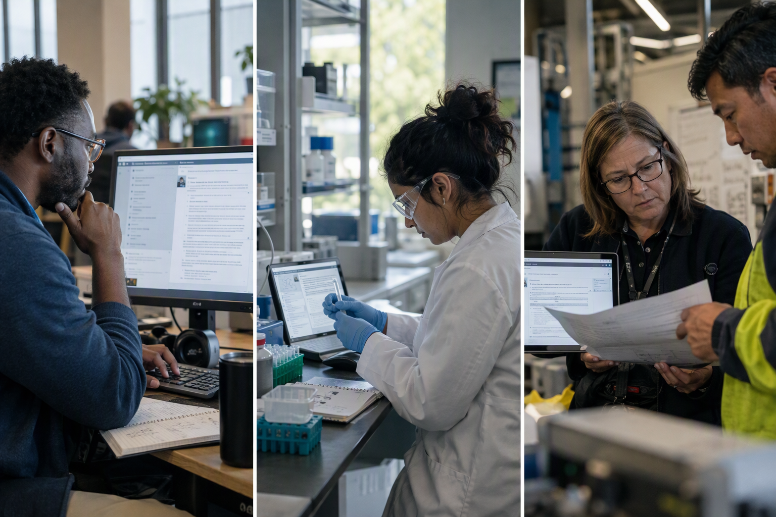 Illustrate three distinct possible operational settings in a single editorial triptych: a support specialist consulting a