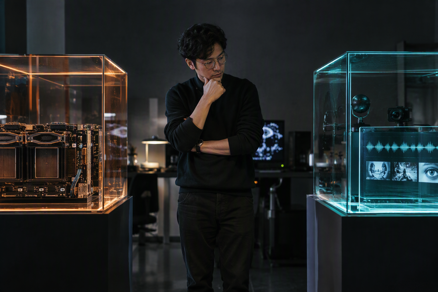 A visual editorial scene in a model-evaluation studio: two distinct glass display cases sit side by side, one containing a