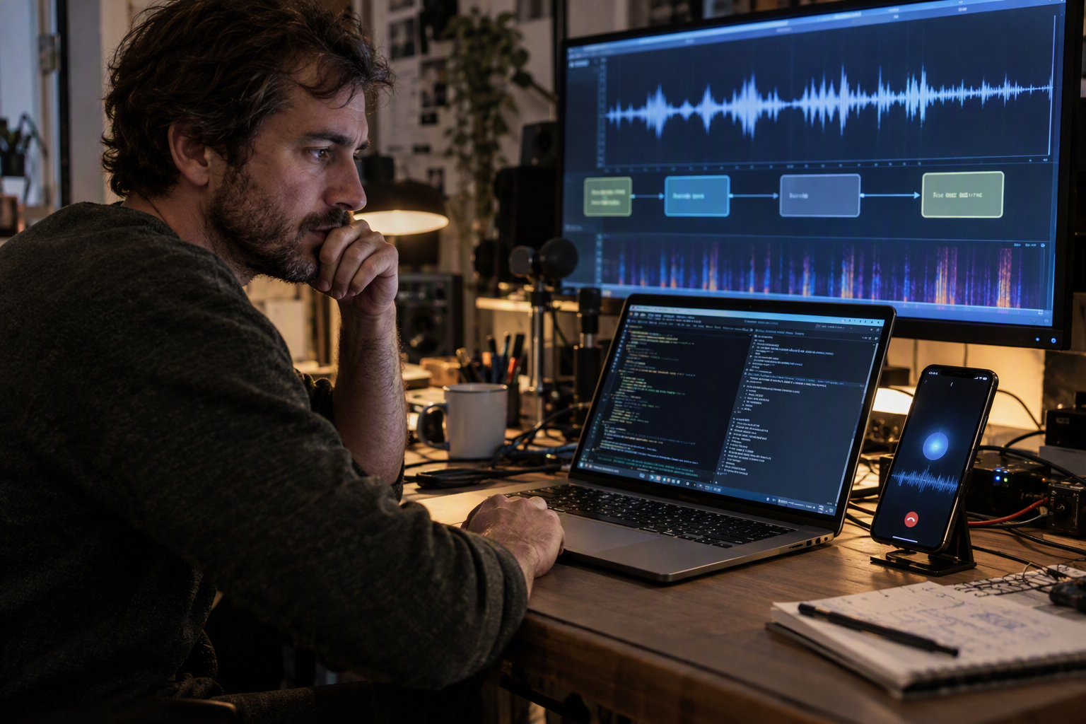 A voice-agent builder stands beside a test phone and a laptop showing a text-model output trace, while a separate audio