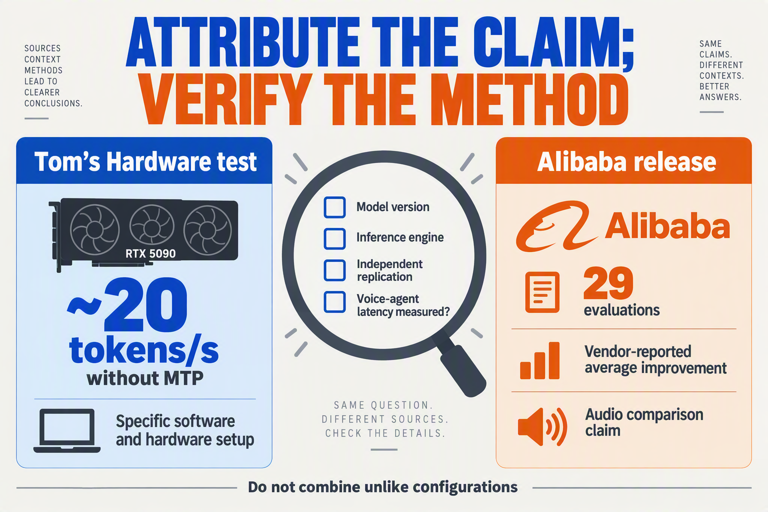 A source-literacy infographic titled ATTRIBUTE THE CLAIM; VERIFY THE METHOD with two large source panels
