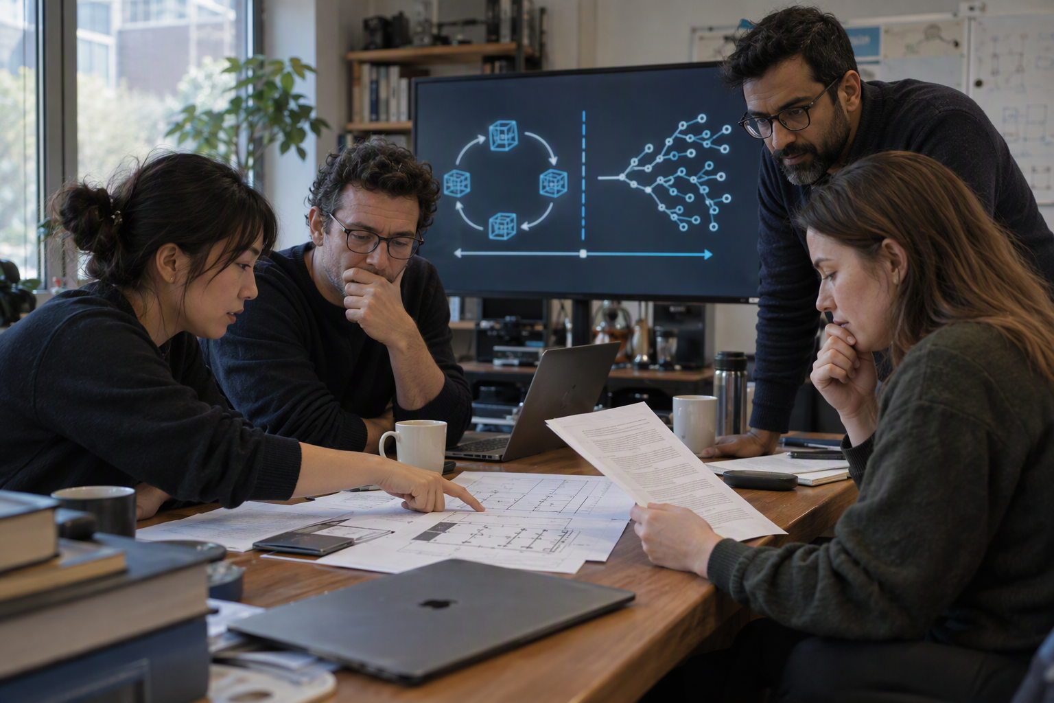 Depict a small interdisciplinary research review meeting in a contemporary university lab, with AI researchers, a security