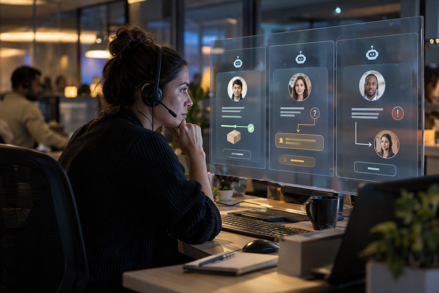 A support agent watches an AI assistant handle three different incoming requests on adjacent transparent interface panels: a