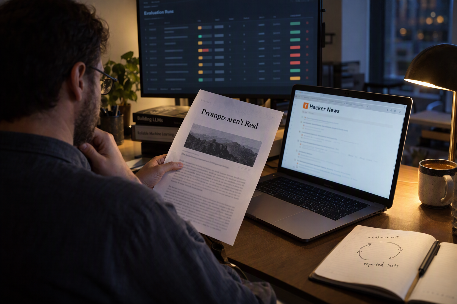 Depict an editorial research desk where an engineer compares a printed evaluation.club article titled Prompts aren’t Real