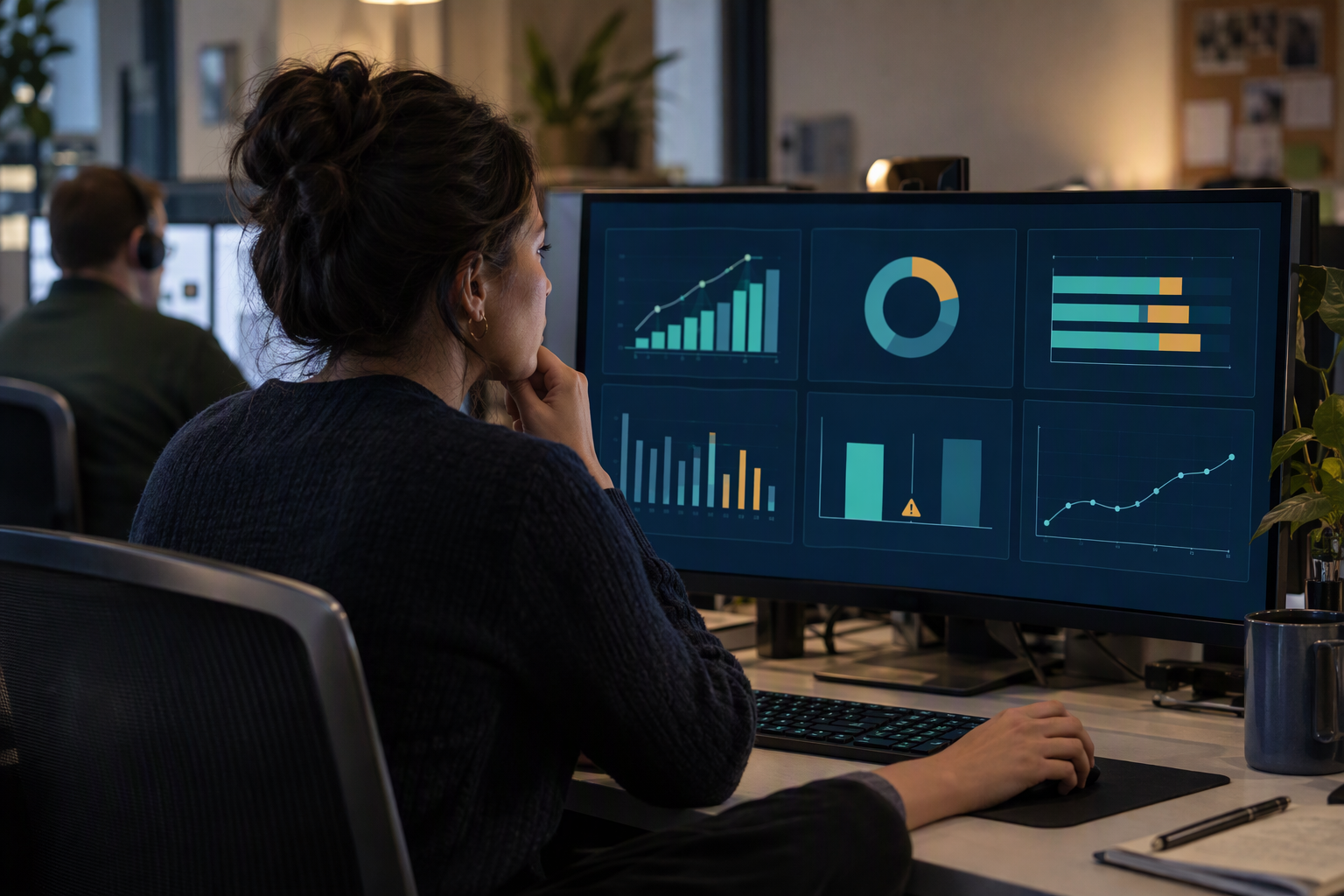 Show a support operations analyst reviewing a dashboard made of six distinct visual panels: task success and resolution