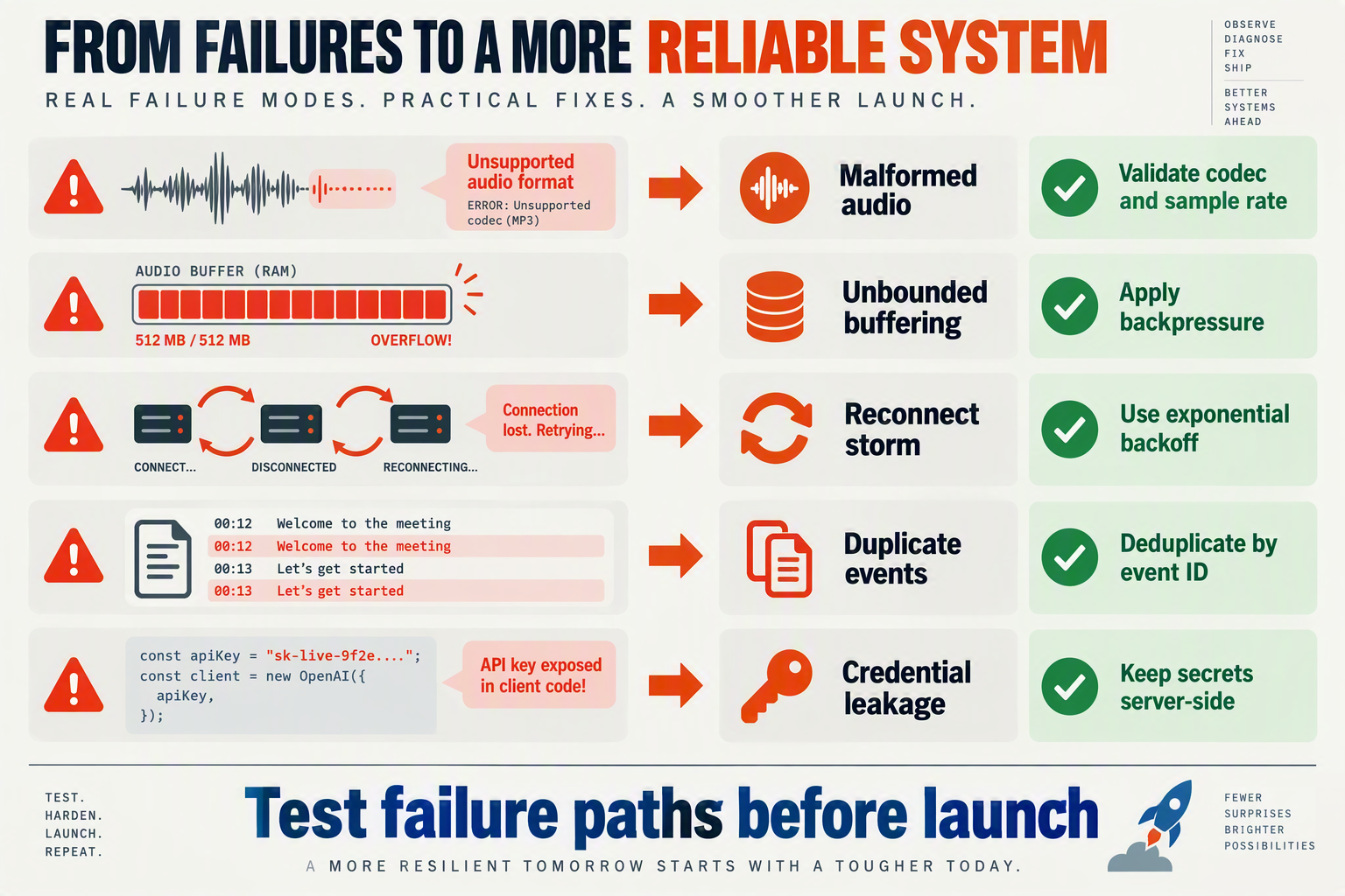 A troubleshooting infographic designed as a two-column failure-mode map