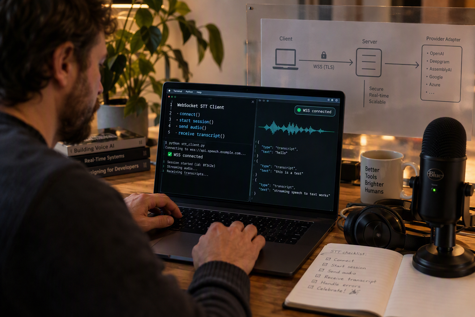 A developer workstation scene focused on the first successful streaming STT connection: a laptop displays a terminal with a