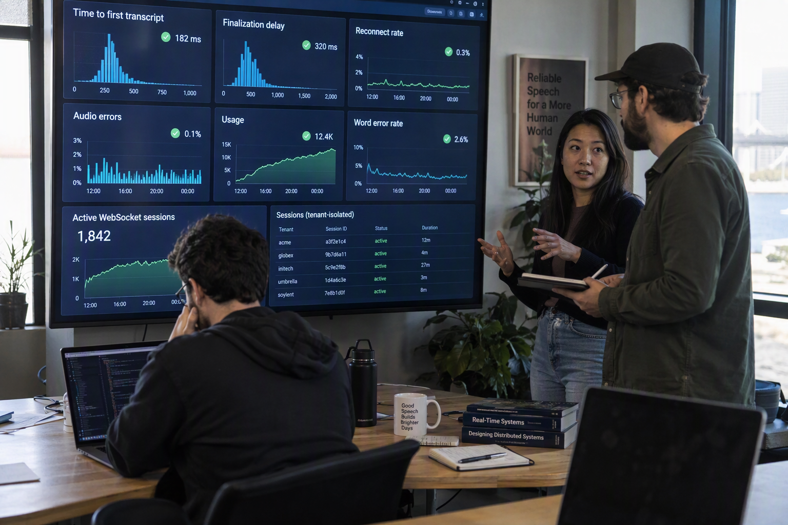 A spacious operations dashboard scene showing a team reviewing real-time transcription health across multiple tenants