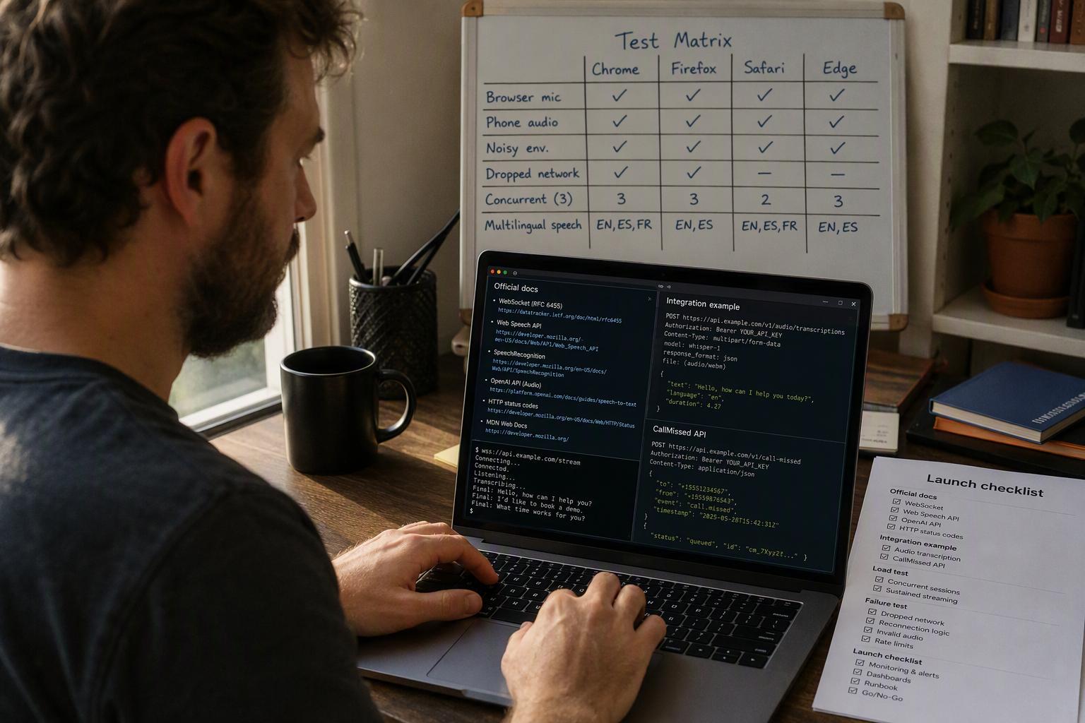A developer resource scene with an open laptop displaying organized documentation tabs, a printed production checklist, and
