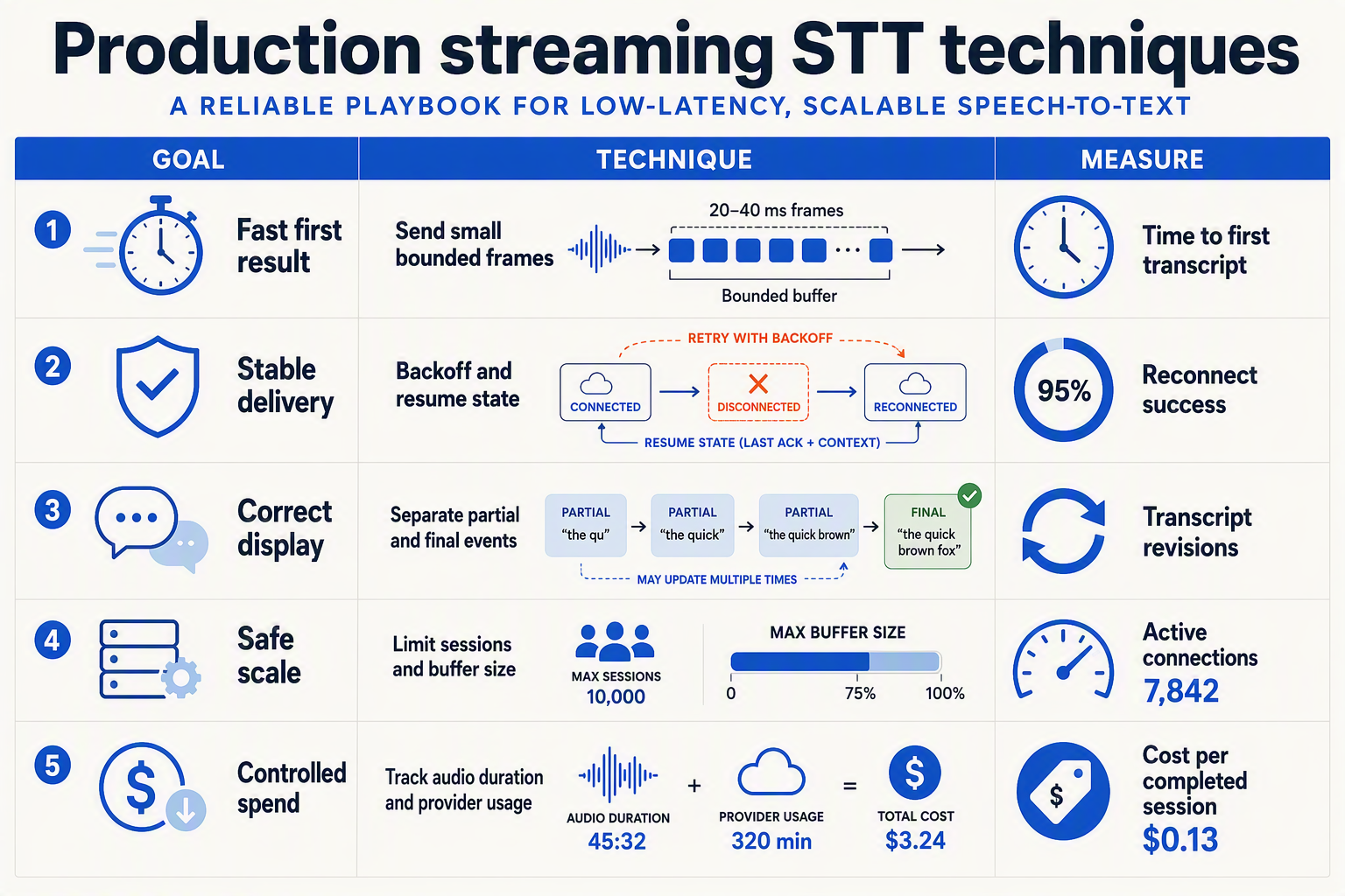 A three-column engineering playbook infographic titled Production streaming STT techniques