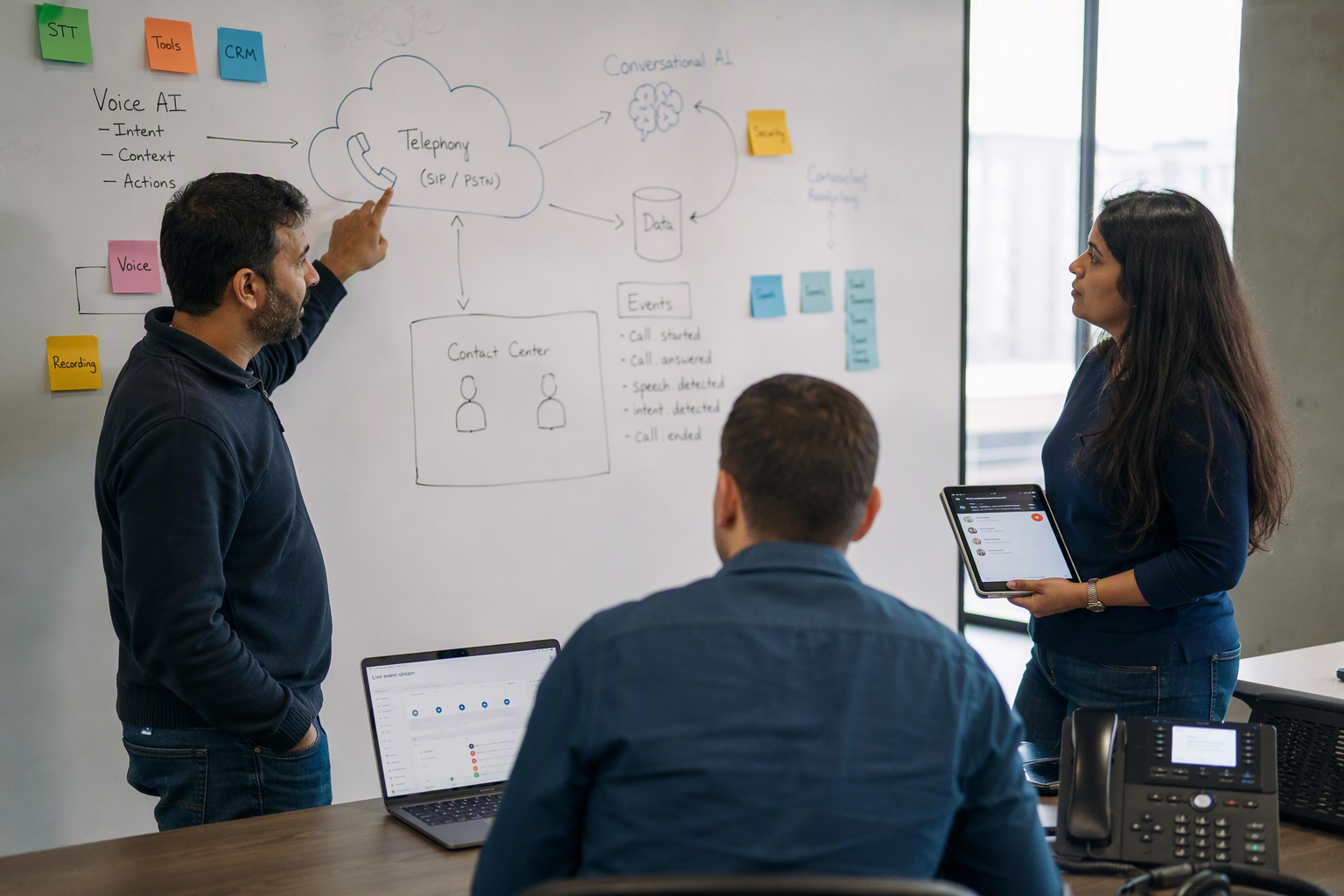 A diverse product engineering team gathered around a large whiteboard in a bright software studio, mapping how cloud