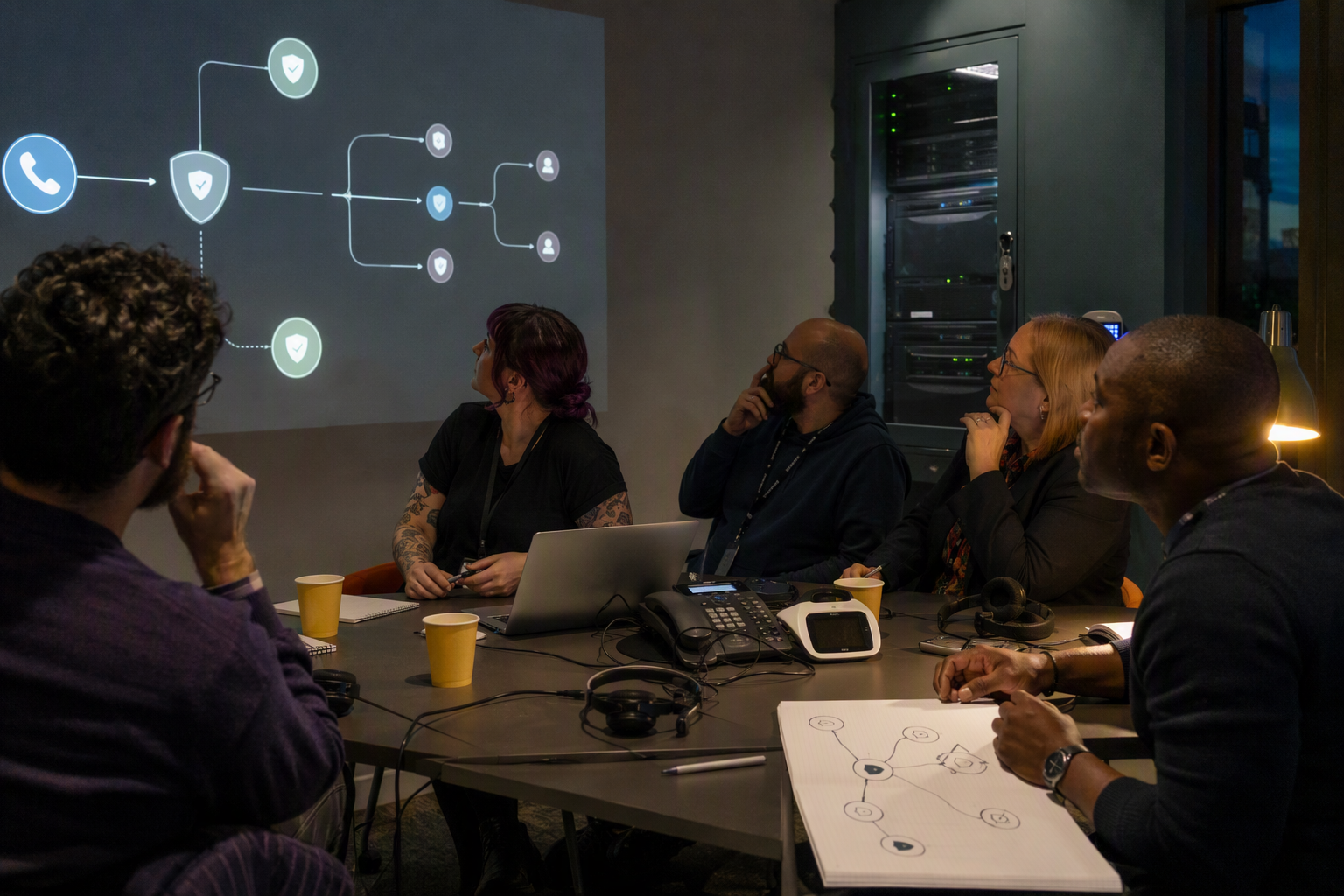 A multidisciplinary launch-review meeting in a secure operations workspace: a backend engineer, telephony specialist,