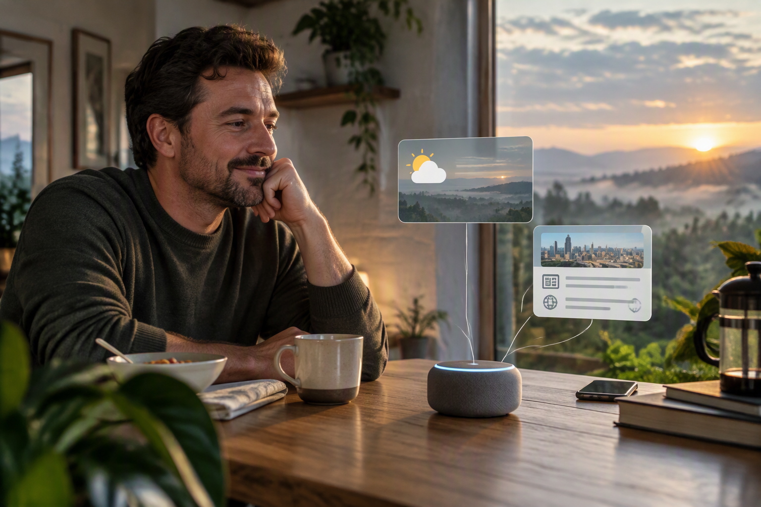 Create an editorial scene of a listener asking a voice assistant for a morning briefing, with a compact speaker in the