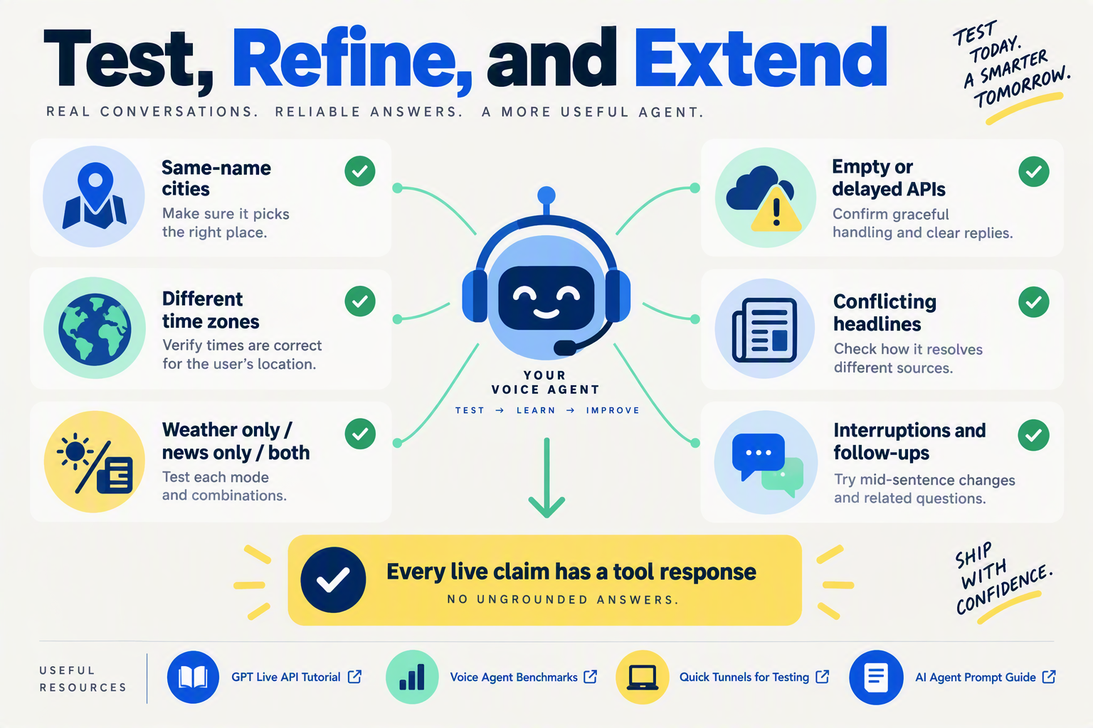 Create a testing-and-next-steps infographic that feels like a builder's final checklist rather than a dashboard