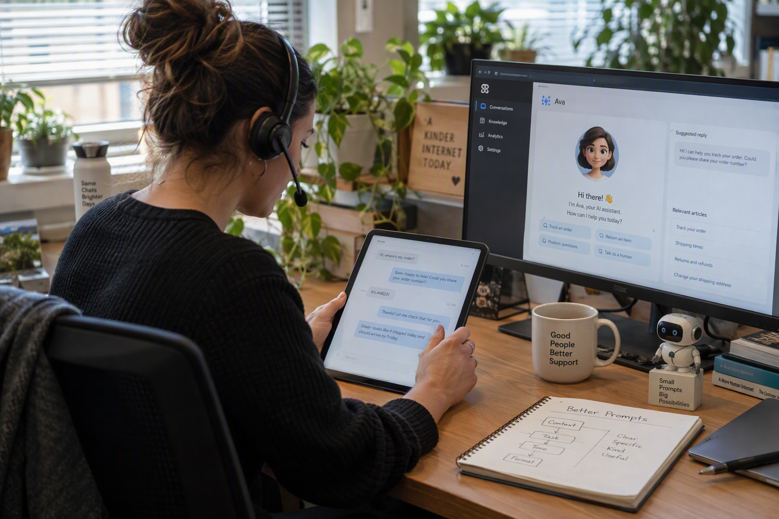 A customer-support agent wearing a headset sits at a warm wooden desk in a bright modern office, reviewing a chat transcript