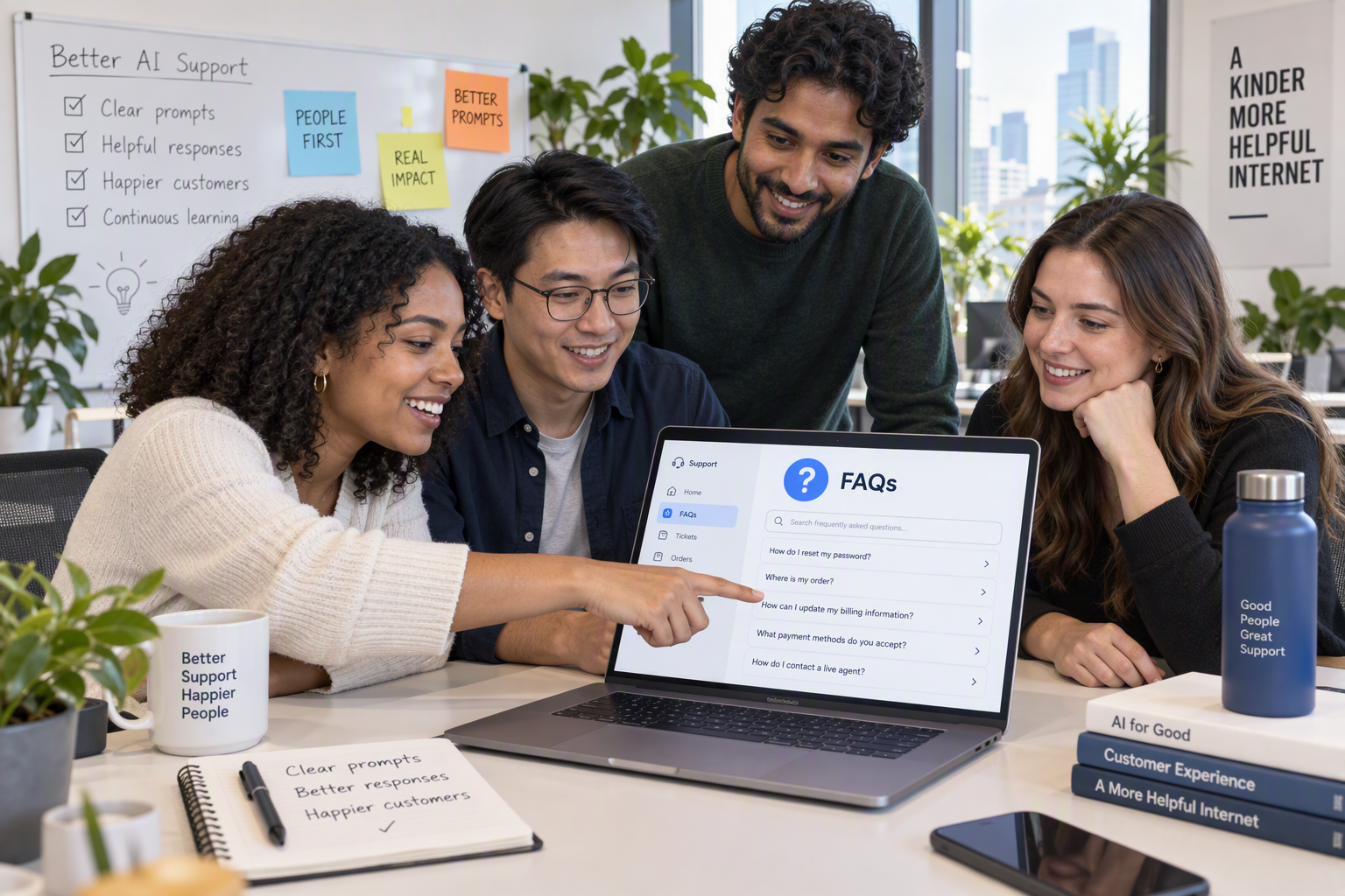 A customer-support team huddles around a laptop in a bright startup office, one person pointing at a screen showing a large