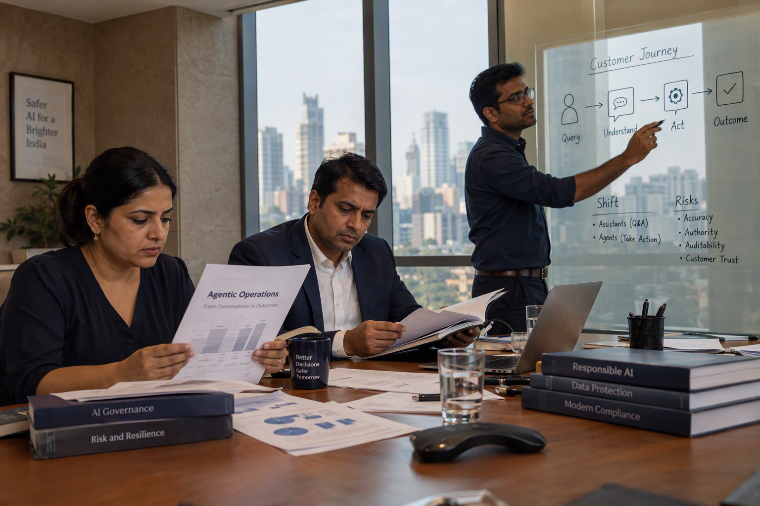 Show an Indian business risk team discussing the shift from conversational assistants to action-taking agents in a