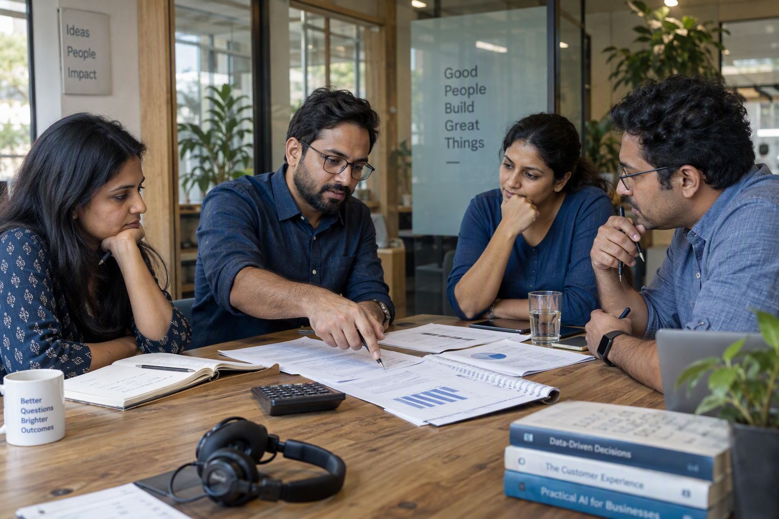 Show a small-business owner conducting a practical roundtable discussion with a customer-support manager, an implementation