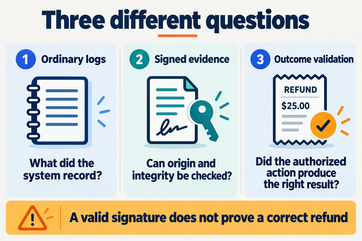 Build a three-column conceptual comparison titled Three different questions